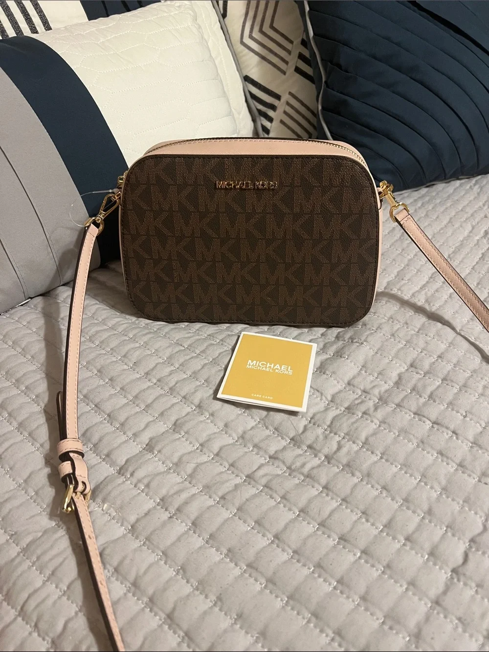 Michael Kors Brown Logo Crossbody with Pink Strap & Trim NWT